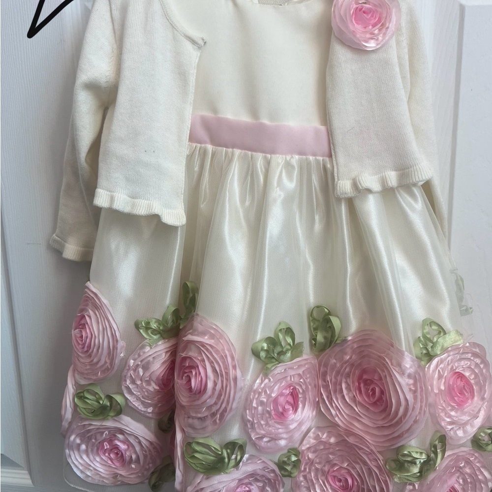 Elegant Cream and Pink Floral Dress with Cardigan